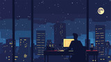 Working late at night. flat vector illustration Hand