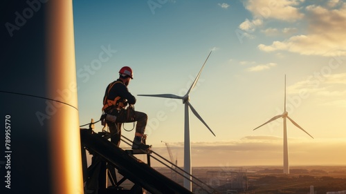 technician working on a wind turbine photo