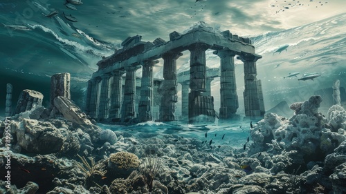 The ancient city of Atlantis, now in ruins, lies deep beneath the ocean waves.