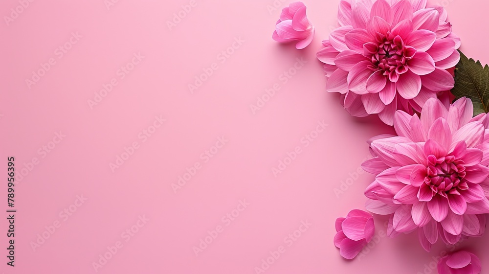   Pink flowers against a pink backdrop, featuring two green leaves at the image's base