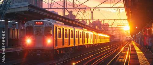 A sunset-lit commuter train gracefully arrives at a bustling station, ready to embark on journeys. photo
