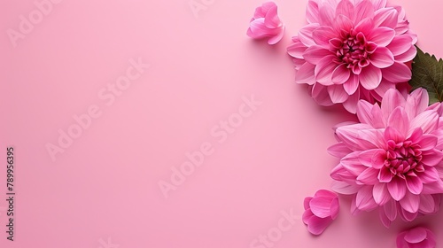   Pink flowers against a pink backdrop  featuring two green leaves at the image s base