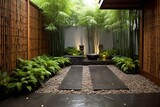 Minimalist Bamboo Courtyard Garden: Bamboo Screens, Gravel Ground, Peaceful Atmosphere