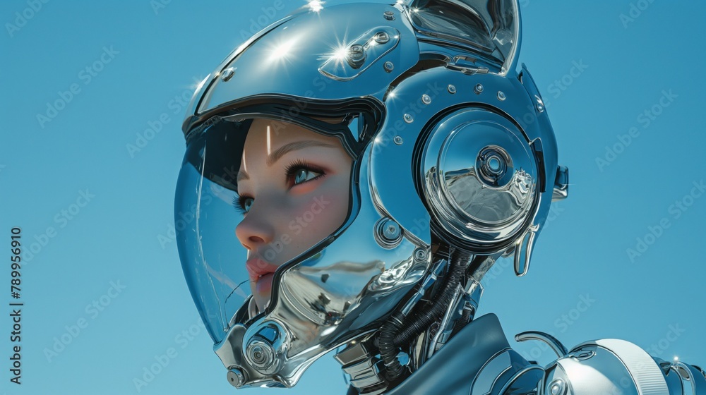 Cyborg cat girl with a fully enclosed metal helmet, chrome set with silver and chrome accents highlighted against a vibrant blue background. Cyborg cat girl with a fully enclosed metal helmet, chrome set with silver and chrome accents highlighted against a vibrant blue background.