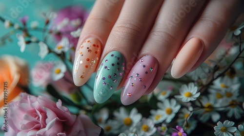 Easter Elegance Female Hands Flaunting Beautiful Pastel Nail Design on Long Almond Form Nails, Set against a Background of Spring Flowers
