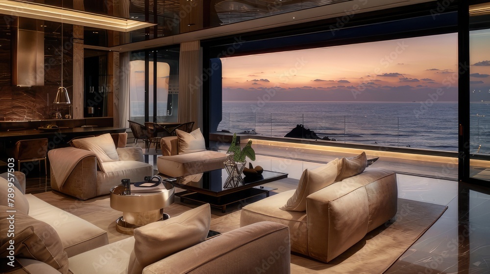 Elegant Twilight Luxury Living Space with Ocean View, Classic Modern Fusion, Velvet Textures, Clean Furniture Lines
