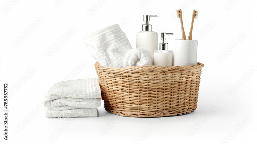 A basket filled with numerous towels and soap A basket filled with numerous towels and soap