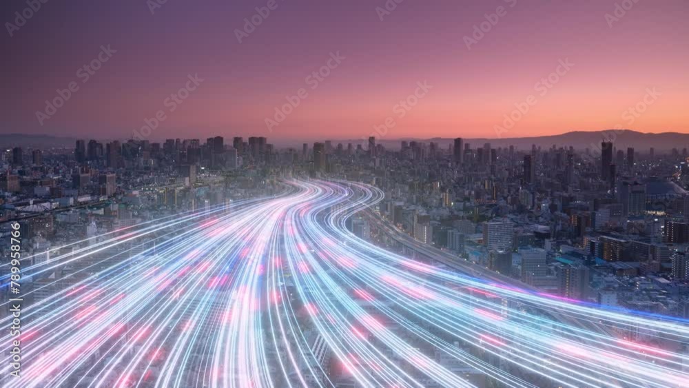 smart city digital transformation development concept,aerial view of band of lights running over modern urban cityscape illuminating the town,new fast internet communication 5g technology