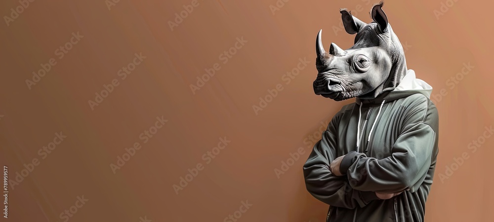rhinoceros in a tracksuit on a brown background. business style. businessman. generative ai