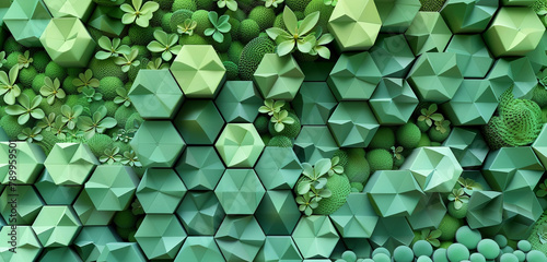 Layered hexagon 3D design in green shades for a natural, fresh brand image.