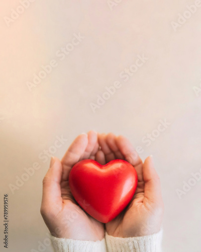 Cupped hands gently presenting a glossy red heart on a soft pastel background  symbolizing love and care.