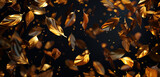 3D golden autumnal flakes drift over a stark black scene for a luxe background.