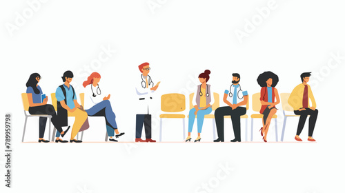 People of different ages are sitting in line. Doctor
