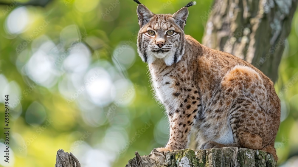 A cat perched atop a tree stump against a backdrop of lush green foliage A cat perched atop a tree stump against a backdrop of lush green foliage