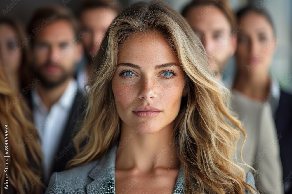 A confident and attractive businesswoman in focus with a blurred group of colleagues behind A confident and attractive businesswoman in focus with a blurred group of colleagues behind