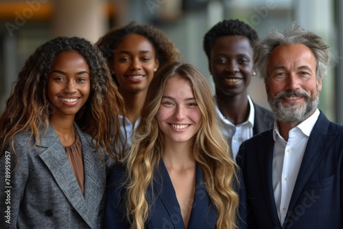 Senior man in the foreground with a multi-ethnic group of professionals smiling behind him