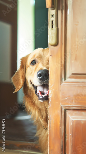 copy space, stockphoto, happy golden retriever peeping from behind a door. Cute labrador pet half visible. Cute adorable mature labrador dog.