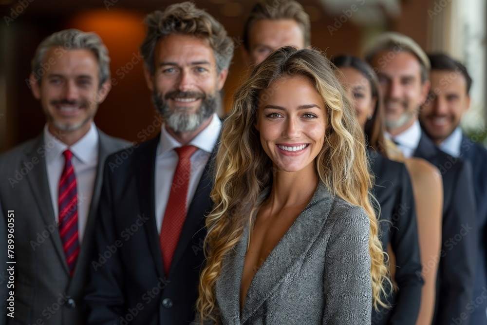 Businesswoman smiling confidently in front of a team of male executives