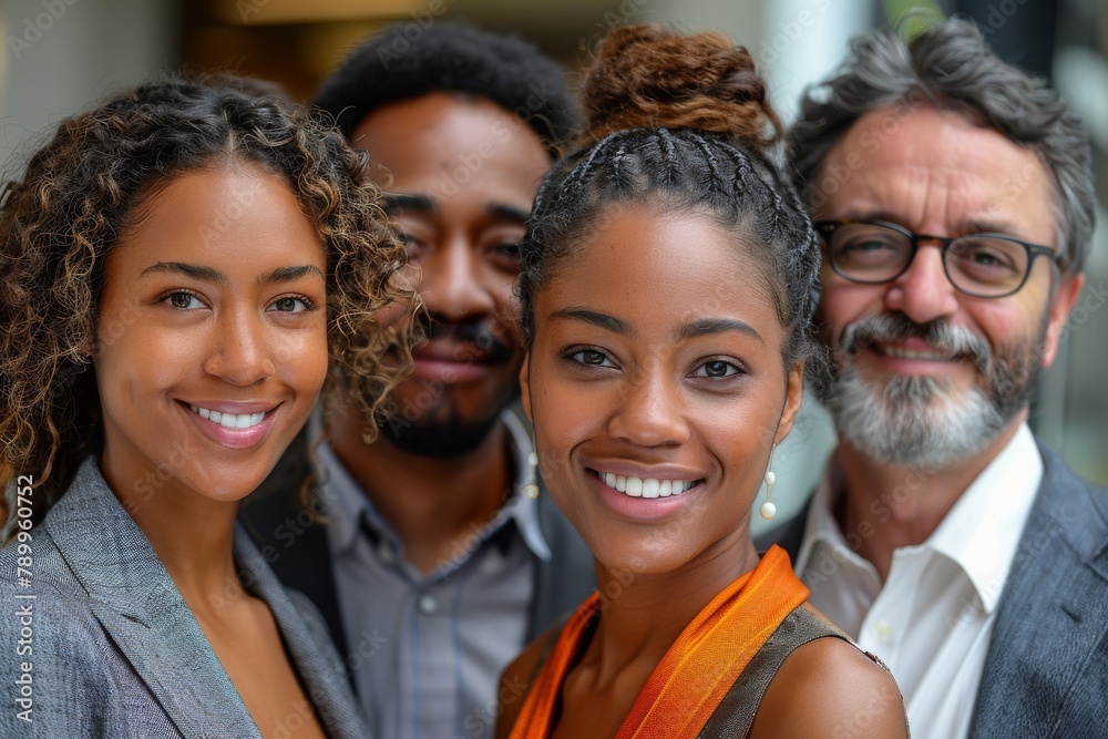 Four diverse professionals stand close, smiling confidently at the camera, representing workplace diversity and teamwork Four diverse professionals stand close, smiling confidently at the camera, representing workplace diversity and teamwork