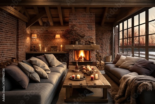 Exquisite Rustic Barn Conversion Living Room: Exposed Brick, Wooden Beams & Cozy Cushions