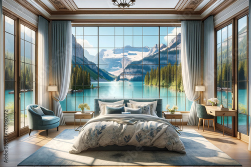 Bedroom interior with glass walls and views of the mountains and lake photo