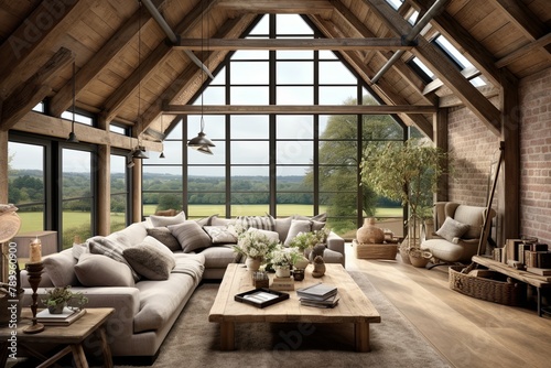 Farmhouse Style: Rustic Barn Conversion Living Room Ideas with Large Windows and Wooden Accents