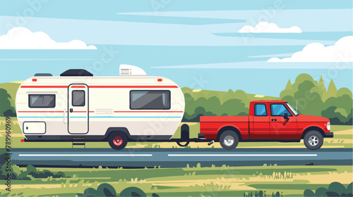 Pickup truck and trailer caravan on the road against © Megan