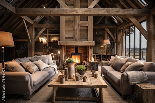 Exquisite Farmhouse Living Room: Rustic Barn Conversion with Exposed Beams & Warm Lighting © Michael