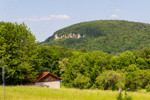 Rural scene with hill and rock panorama and house near village Wichsenstein in Franconian Switzerland, Germany