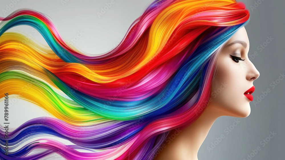 One photo shows a woman with rainbow-colored hair. The hair is long and loose, and each strand of hair is a different color, representative of the LGTBI community