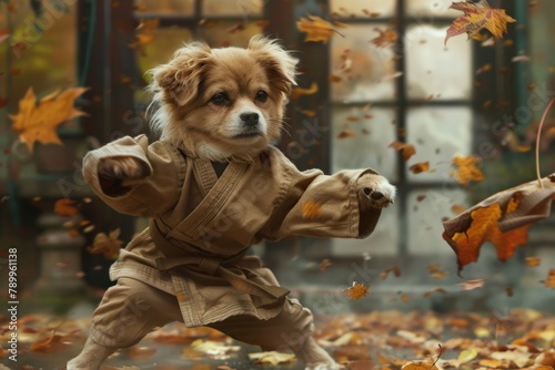 A puppy as a kungfu master, standing with 2 legs photo