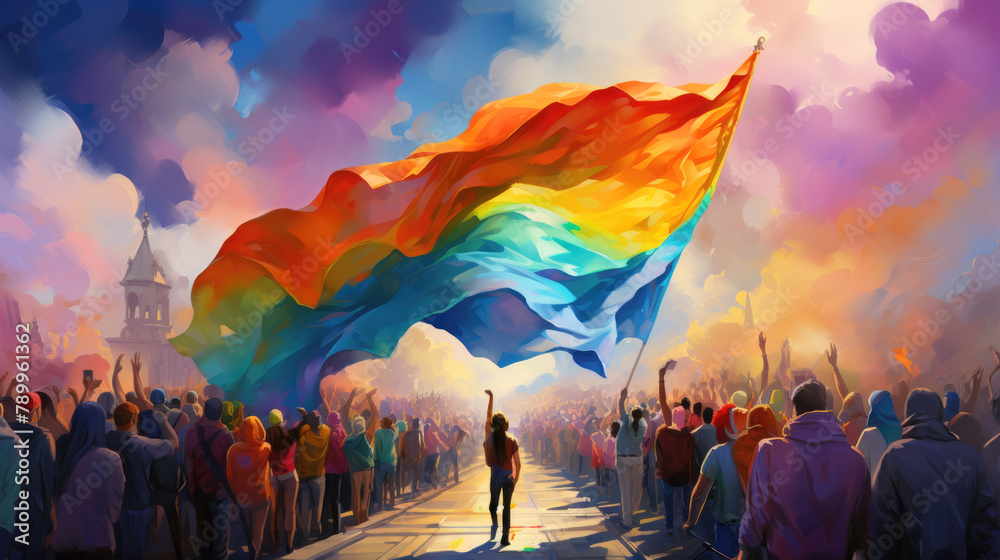 A painting of a rainbow flag with a crowd of people holding it. The painting conveys a sense of unity and celebration. International Gay Pride Day. Ai generated