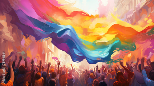 Illustration of a crowd of people is gathered, fists raised, holding a rainbow flag in the air. The scene is festive and happy on gay pride day. Ai generated
