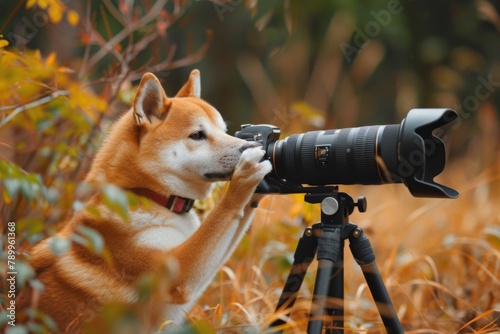 dog in the forest, taking a picture using DSLR camera