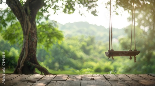 Rustic Charm Old Wooden Terrace with Wicker Swing Hanging from a Tree Against a Blurry Nature Background
 photo