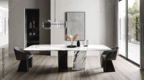 Simplicity and Elegance Minimalist Dining Room Showcasing a Sleek Natural Marble Dining Table
