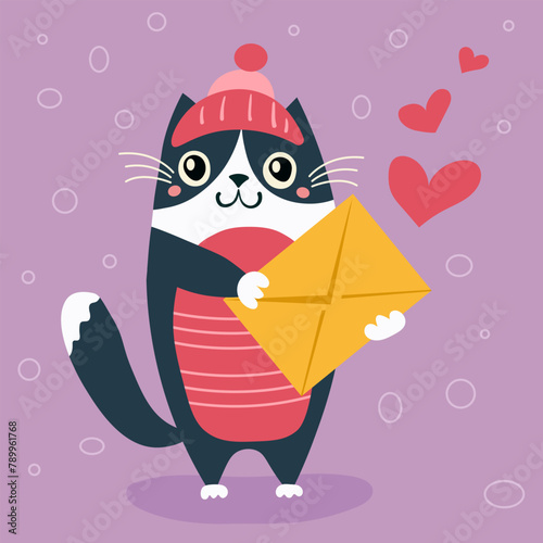 Vector illustration happy cat in flat style drawing, with postmail in his hands