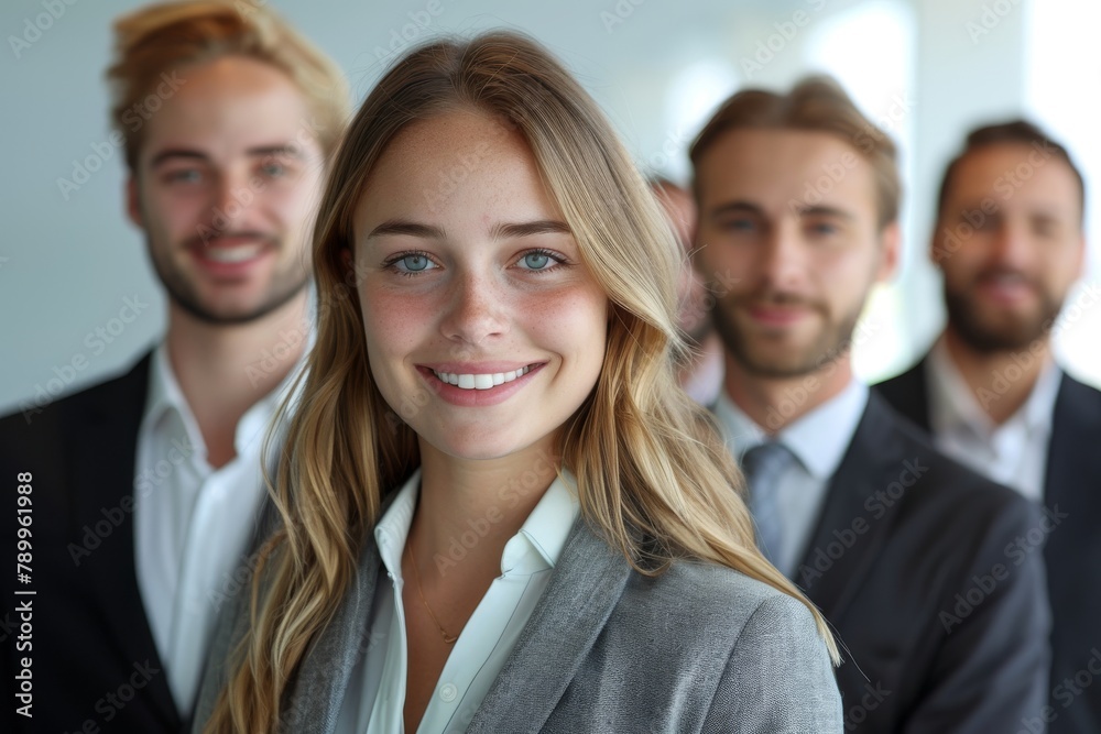 A radiant young woman with blonde hair smiling with male colleagues in the soft focus background A radiant young woman with blonde hair smiling with male colleagues in the soft focus background