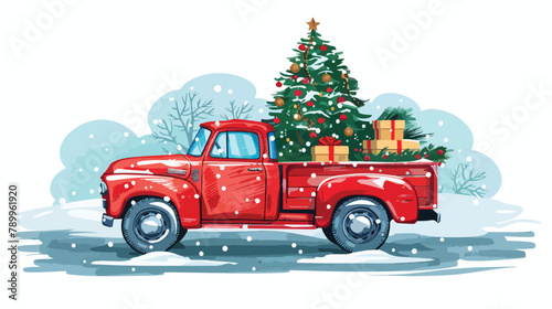 Pickup truck with christmas tree and gift boxes . Mer