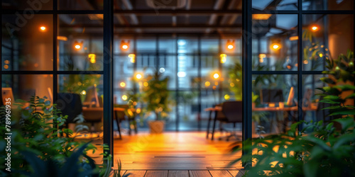 An office with glass walls and a blurry background exhibits a bokeh effect, with green plants adding to the interior design.