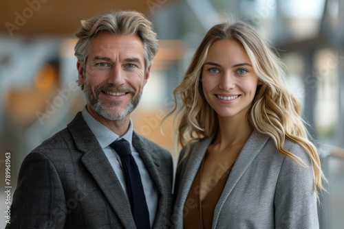 A mature gray-haired businessman and his young blonde female associate posing in a corporate environment