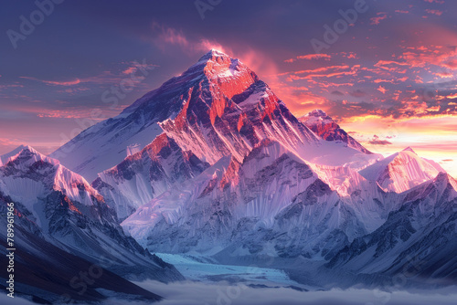 A serene mountain peak, perfect for meditation or yoga scenes, is set against a gradient background transitioning from purple to blue.