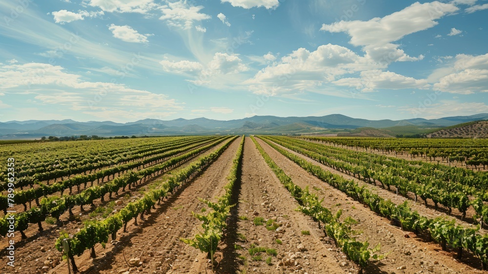 Vineyard landscape with blue sky and mountains in the background