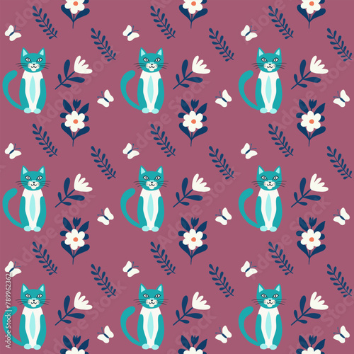Seamless pattern vector image in flat cartoon style, doodle cat and flowers