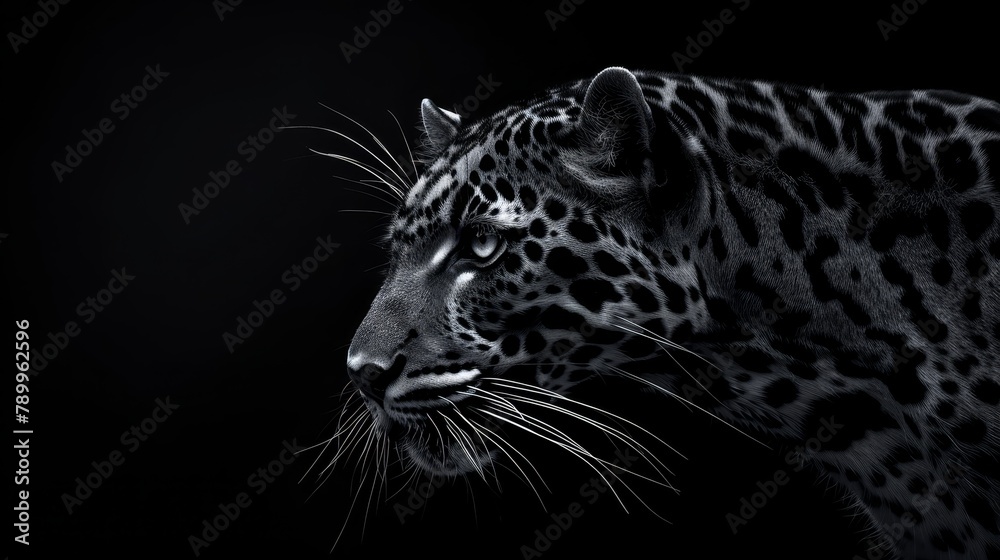   A black-and-white image featuring a leopard's profile next to its full face, both set against a uniform black backdrop