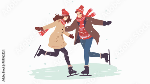 Young couple ice skating. Vector flat style illustration