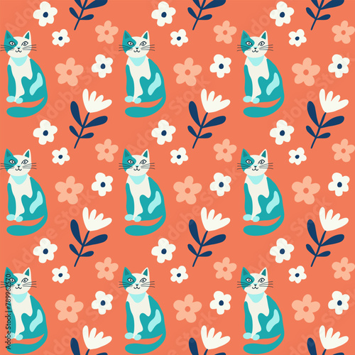 Seamless pattern vector image in flat cartoon style, cat and flowers, doodle vector