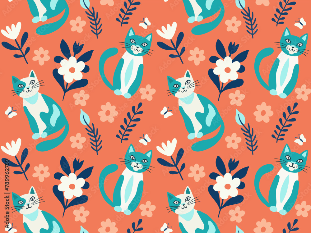 Seamless pattern vector image in flat cartoon style, cat and flowers on orange background Seamless pattern vector image in flat cartoon style, cat and flowers on orange background