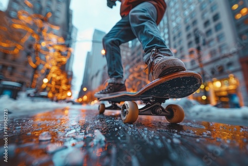 A skateboarder rides down a glistening wet city street creating a dynamic scene of motion and urban life during rainy weather