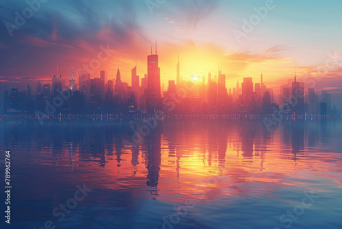 The city skyline at sunset, with skyscrapers mirrored on the water surface, exudes an atmosphere of prosperity and progress in urban development through its blue and orange tones.